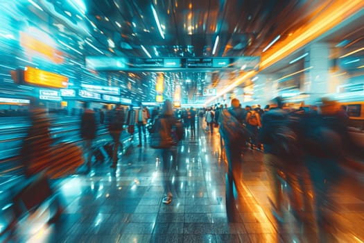 A busy city street with people walking and a blurry background. Scene is bustling and energetic