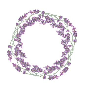 Lavender flowers, purple and violet round frame. Wildflower wreath, vintage floral design. Botanical hand drawn watercolor illustration template for wedding invitation, cards, gift tags, bridal design