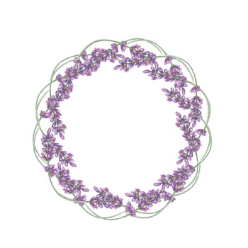 Lavender flowers, purple and violet round frame. Wildflower wreath, vintage floral design. Botanical hand drawn watercolor illustration template for wedding invitation, cards, gift tags, bridal design