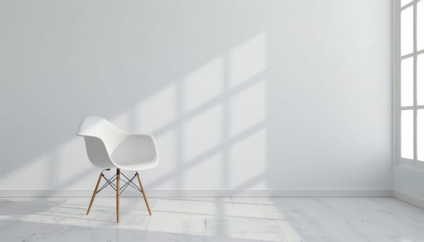 A white chair sits in a room with a white wall by AI generated image.