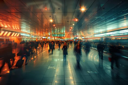 A busy train station with people walking around and carrying luggage. The atmosphere is bustling and energetic. The image captures the essence of a busy public transportation hub