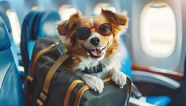 A dog wearing sunglasses and a backpack is sitting on a suitcase by AI generated image.