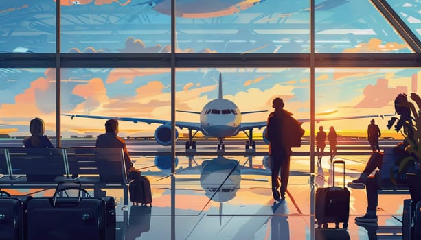 A group of people are waiting to board a plane at an airport by AI generated image.
