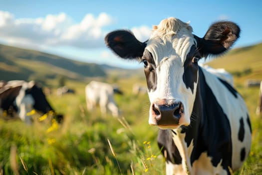 A cow with a tag on its ear is standing in a field. The cow is looking at the camera