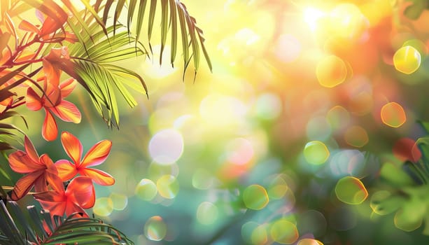 A tropical scene with a pink background and a large orange on the right by AI generated image.