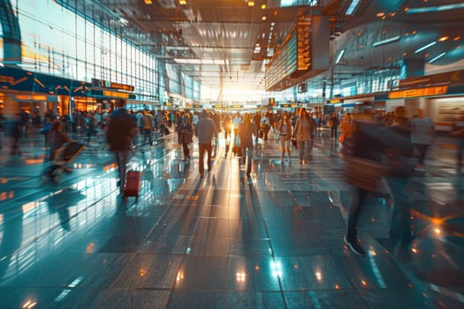 A busy airport with people walking around and carrying luggage. The atmosphere is bustling and energetic. The image captures the essence of a busy travel hub, where people are constantly on the move