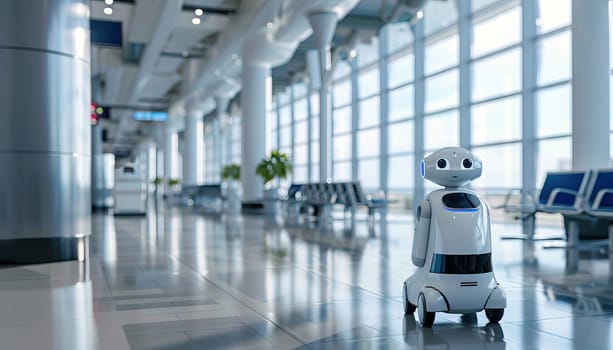 A robot is standing in a large, empty airport terminal by AI generated image.