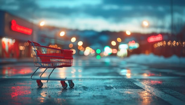 A shopping cart is sitting on a wet street by AI generated image.