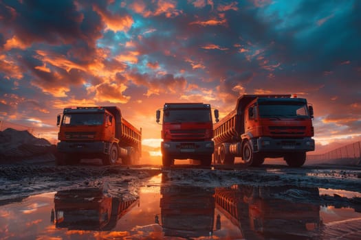 Three red dump trucks are parked in a muddy field. The sky is orange and the sun is setting