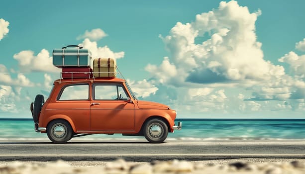 A red car with luggage on top of it is parked on a beach by AI generated image.