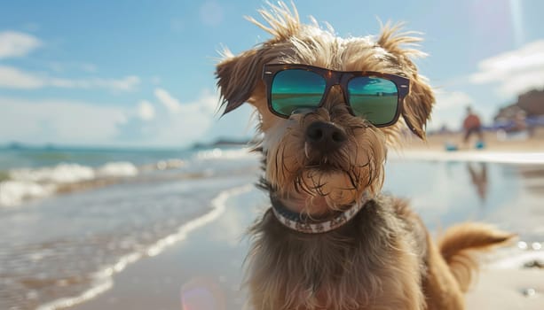 A dog is wearing sunglasses and standing on the beach by AI generated image.