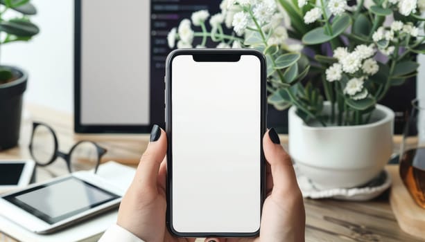A person holding a cell phone with a white screen by AI generated image.