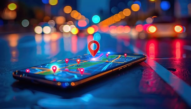 A phone with a red dot on it that says "GPS" and a map of the area by AI generated image.