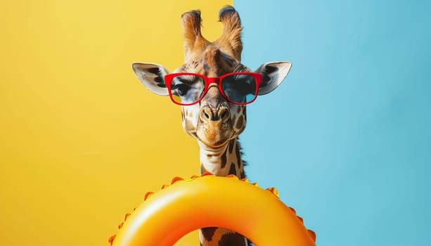 A giraffe wearing sunglasses and a pink float in the ocean by AI generated image.