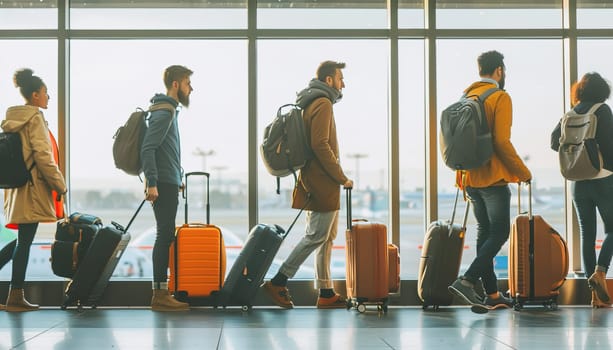 Three women are walking through an airport with their luggage by AI generated image.