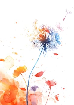 A watercolor painting of a dandelion with seeds dispersing in the wind, capturing the beauty of a flower in a natural landscape