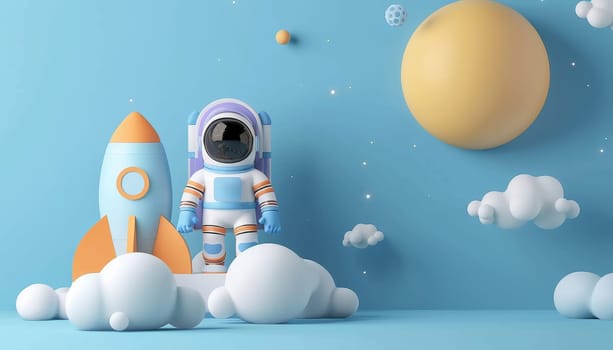 A cartoon astronaut is standing next to a rocket in a blue sky by AI generated image.