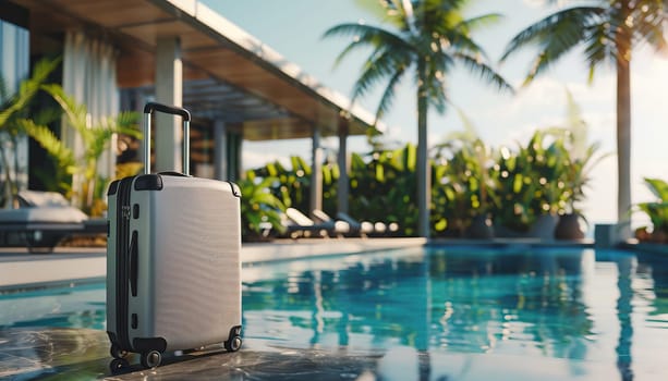 A suitcase is sitting on a rug in front of a window with a beach view by AI generated image.