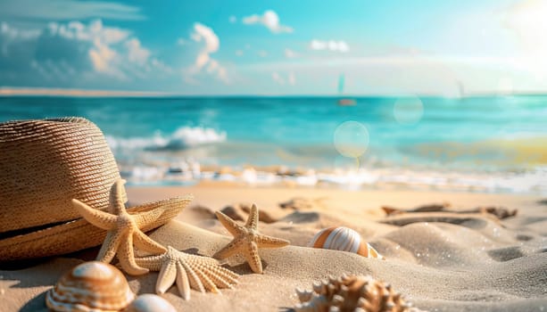 A beach scene with a bunch of starfish and shells on the sand by AI generated image.