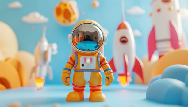 A cartoon astronaut is sitting on a cloud of yellow and orange balls by AI generated image.