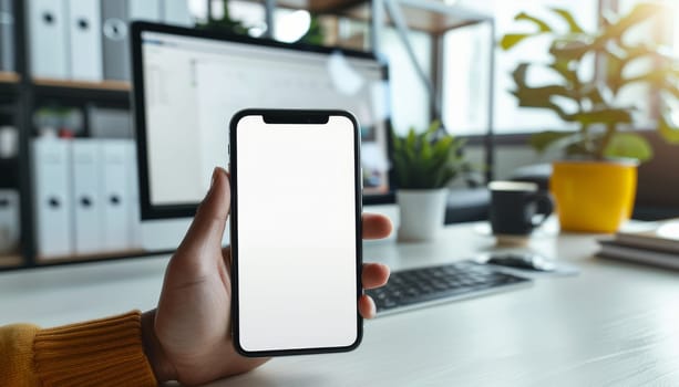 A person holding a cell phone with a white screen by AI generated image.