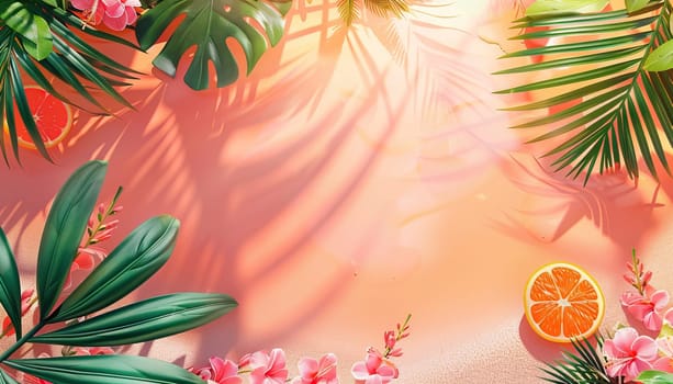 A tropical scene with a pink background and a large orange on the right by AI generated image.