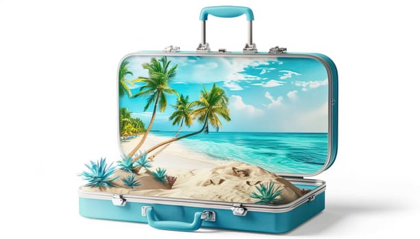 A blue suitcase with a beach scene on the side by AI generated image.