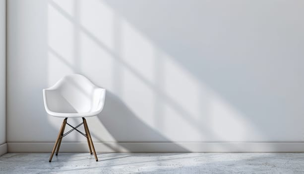 A white chair sits in a room with a white wall by AI generated image.