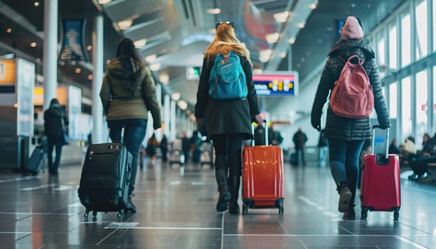 Three women are walking through an airport with their luggage by AI generated image.