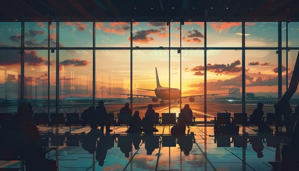 A group of people are sitting in a terminal waiting for their plane by AI generated image.