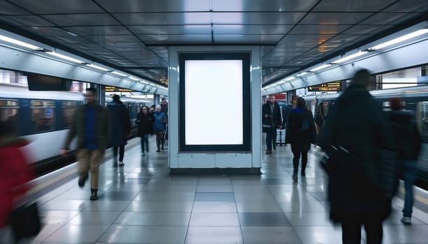 A busy subway station with a large white sign in the middle by AI generated image.