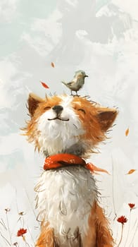 An illustration of a carnivore, a fox, with a bird perched on its head. The art depicts a unique interaction between two animals, showcasing the beauty of nature through painting