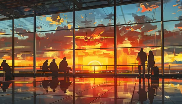 A painting of a sunset with a group of people sitting in a terminal by AI generated image.