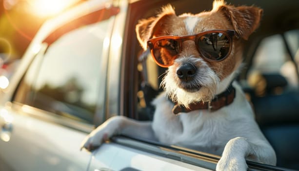 A dog wearing sunglasses is sitting in a car by AI generated image.