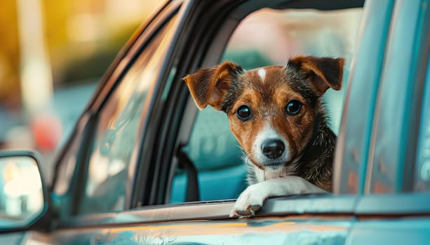 A dog is sitting in a car window, looking out at the world by AI generated image.