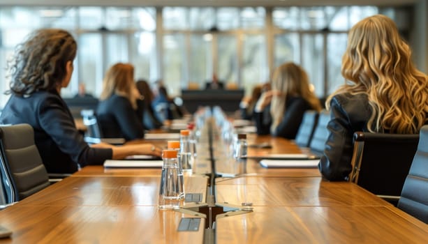 A group of women sit at a long table in a conference room by AI generated image.