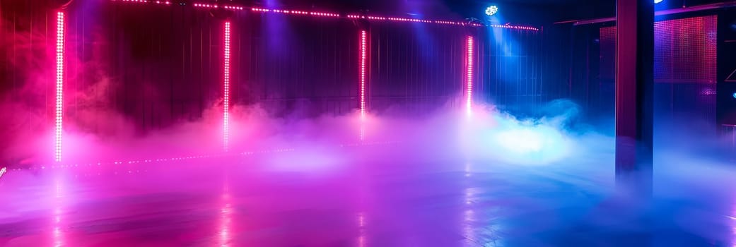 A neon lighted room with smoke and a foggy atmosphere by AI generated image.