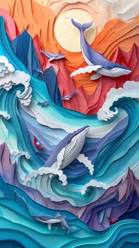 A stunning painting of whales swimming in azure water with mountains in the background, depicted on a textile sleeve with electric blue and aqua tones