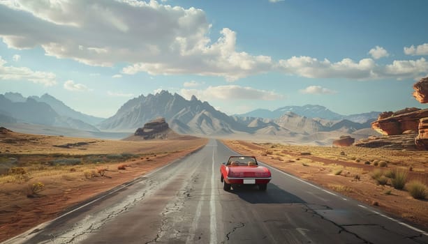 A red convertible is driving down a long, empty road in a desert by AI generated image.