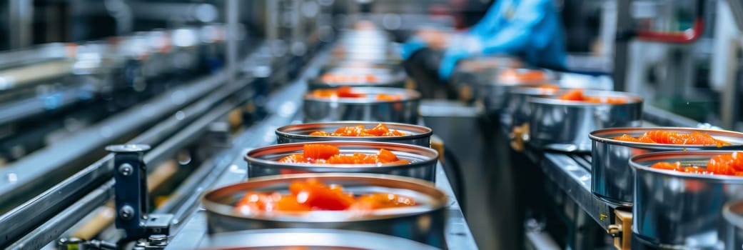 A conveyor belt with cans of food on it by AI generated image.