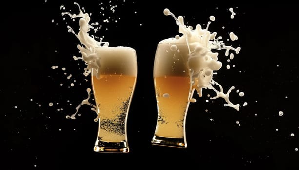 Two glasses of beer are splashing in the air, creating a fun by AI generated image.