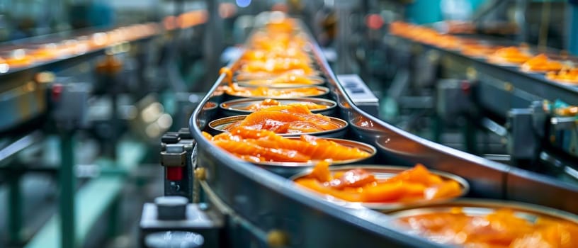 A conveyor belt with cans of food on it by AI generated image.