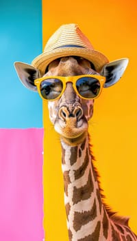 A giraffe wearing a hat and sunglasses is the main focus of the image by AI generated image.