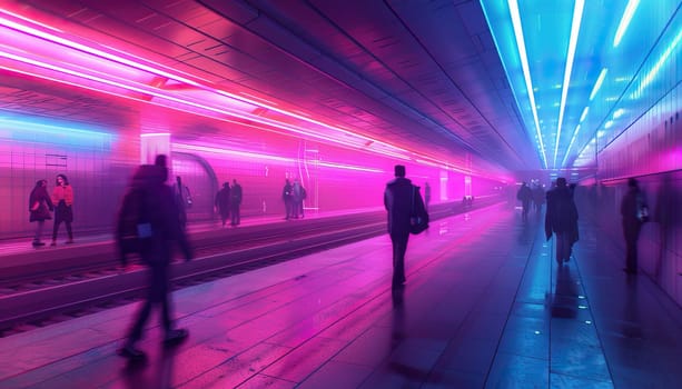 A group of people are walking down a brightly lit subway platform by AI generated image.