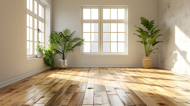 An empty room with a wooden floor and two potted plants creating a cozy atmosphere in a building, with a window letting in natural light