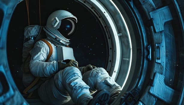 A man in a space suit is sitting in an astronaut hatch by AI generated image.