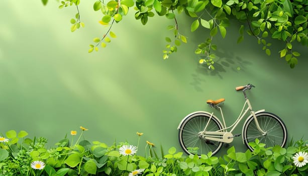 A bicycle is sitting in a field of green grass by AI generated image.