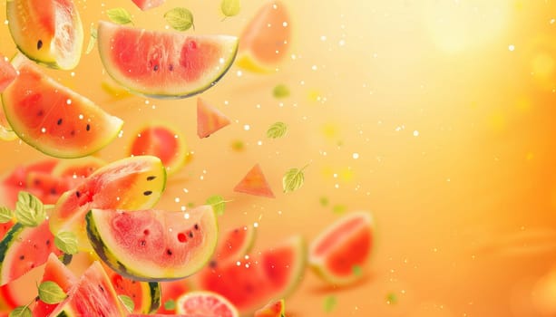 A colorful fruit display with watermelon, oranges, and limes by AI generated image.