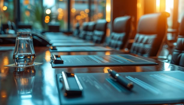 A conference room with a glass of water on a table and a stack of papers by AI generated image.