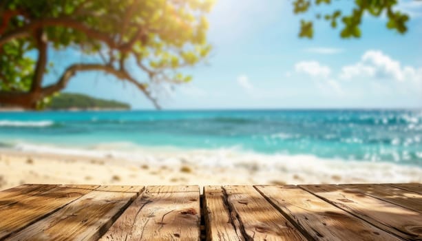 A wooden table with a view of the ocean by AI generated image.